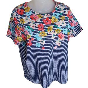 Joules Womens Floral Top Size‎ 12 Harbour Print Blue White Stripe Button Accents